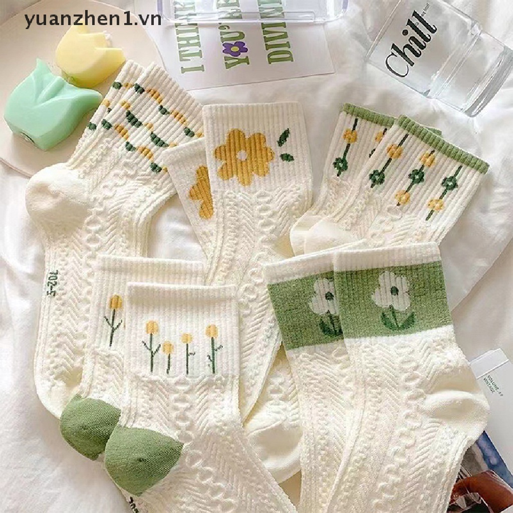 Set 5 Đôi Tất Cotton Thấm Hút Mồ Hôi In Họa Tiết Hoa Nhỏ Xinh