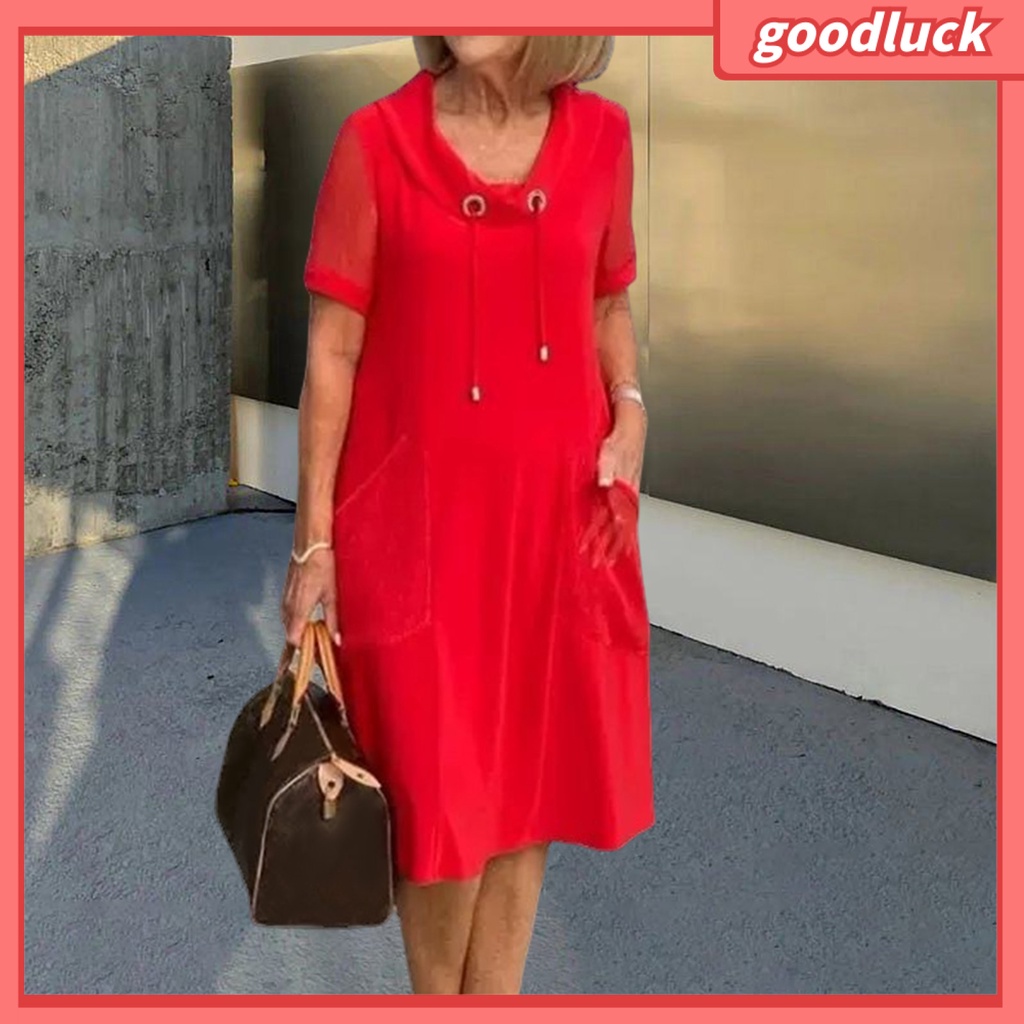 Đầm Tay Ngắn Cổ Tròn Phối Khăn Choàng Có Túi Màu Sắc Đơn Giản Thời Trang Mùa Hè Cho Nữ