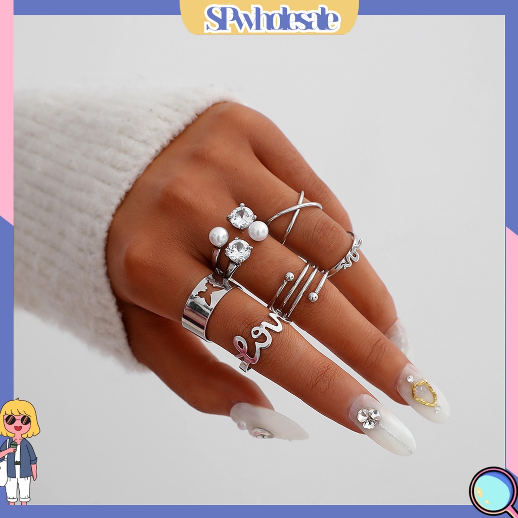 <SPwholesale> Bộ 6 Nhẫn Đeo Ngón Tay Hình Bướm / Ngọc Trai Giả Thời Trang Có Thể Điều Chỉnh Cho Nam Và Nữ