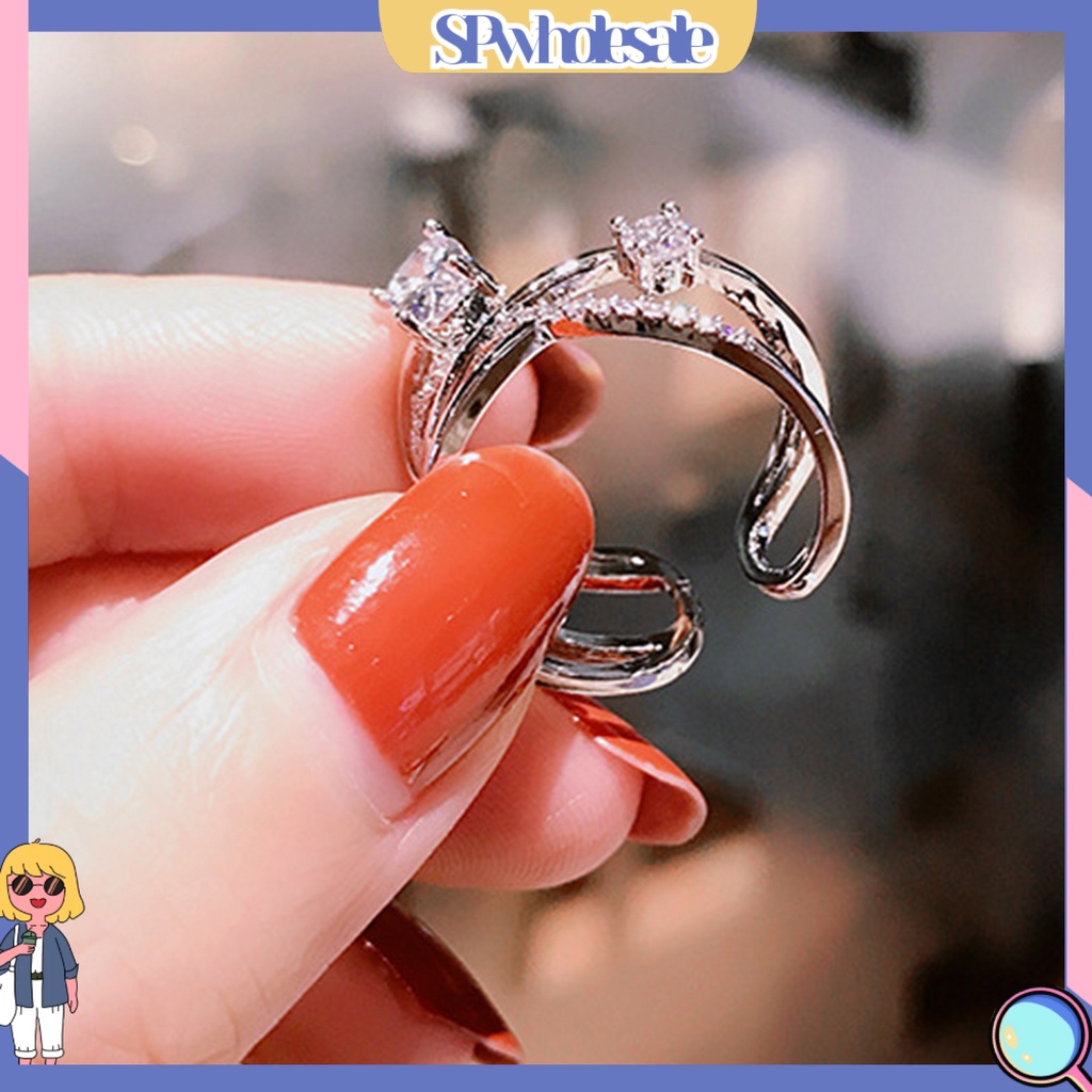 <SPwholesale> Nhẫn Kim Loại Dạng Mở Nhiều Lớp Đính Đá Trang Trí Có Thể Điều Chỉnh Cho Nữ