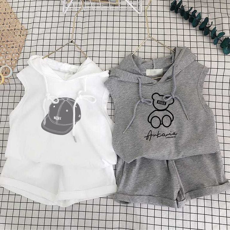 Set Đồ Thể Thao Hai Mảnh Gồm Áo Hoodie Tay Cộc Có Nón Mùa Hè 2023 Cho Bé Trai / Bé Gái