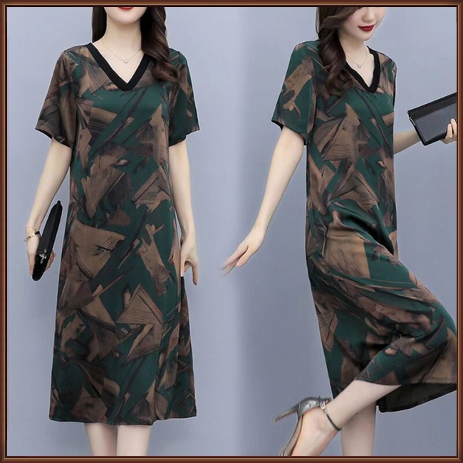 Đầm Midi Tay Ngắn Cổ Chữ V Bằng Lụa Lạnh Dáng Rộng In Họa Tiết Cổ Điển Thời Trang Mùa Hè Dành Cho Bạn Nữ