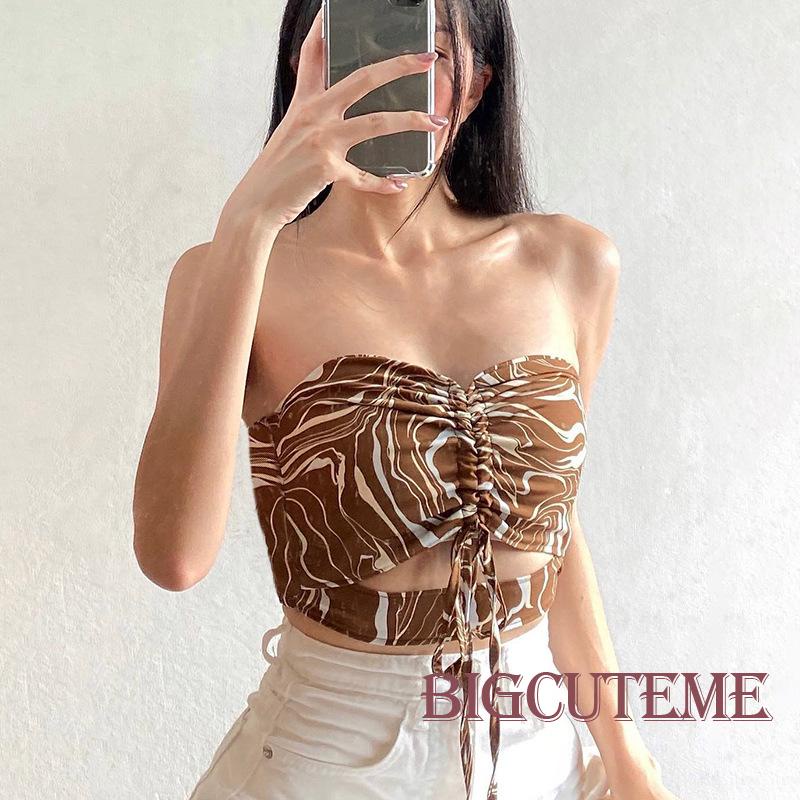 Áo Croptop Sát Nách Dây Rút Hở Lưng In Họa Tiết Thời Trang Mùa Hè Cho Nữ