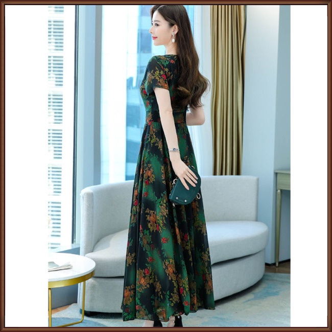 Đầm Midi Tay Ngắn Cổ Tròn Dáng Chữ A in Họa Tiết Hoa Thời Trang Xinh Xắn Cho Nữ