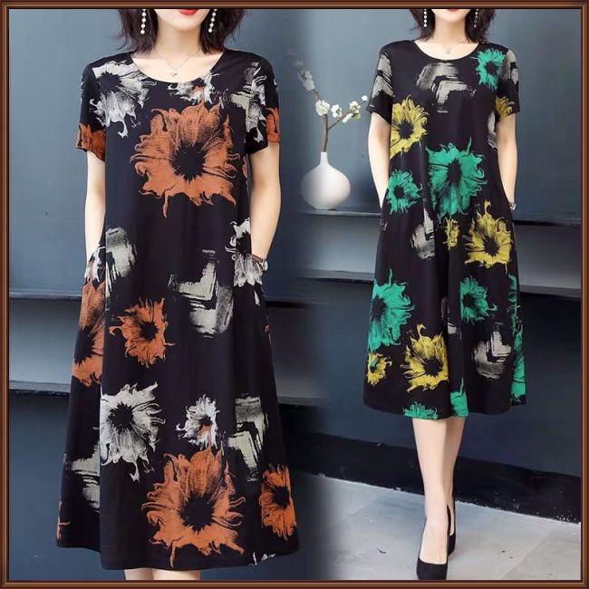 Đầm Cổ Tròn Dáng Rộng Chiết Eo In Họa Tiết Thời Trang Xinh Xắn Cho Nữ