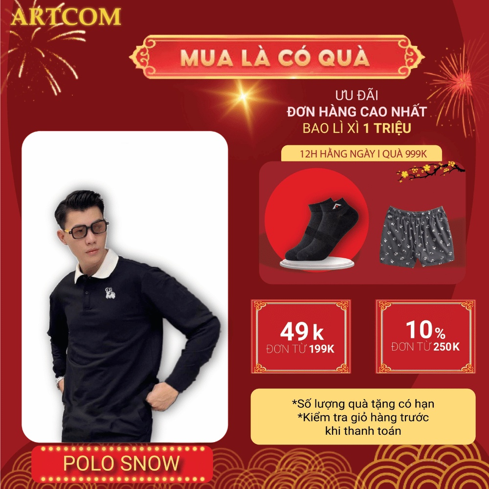 Áo nỉ dài tay nam Polo Snow  ARTCOM chất vải nỉ da cá 100% cotton dày dặn ấm áp cho mùa đông, co dãn tốt thoáng khí