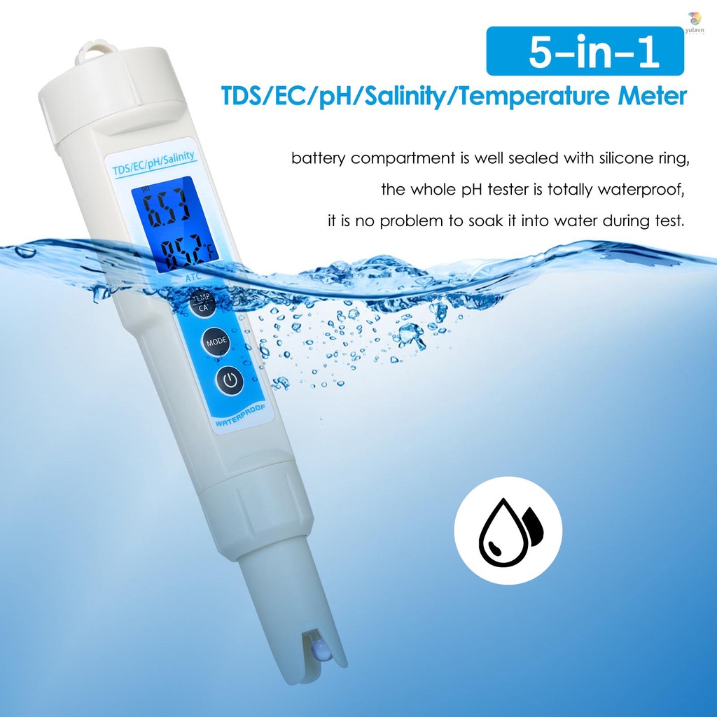 Máy Đo Nhiệt Độ Nước / Độ Ẩm Đa Năng 5 Trong 1 TDS / EC / pH / Salinity / Màn Hình LCD