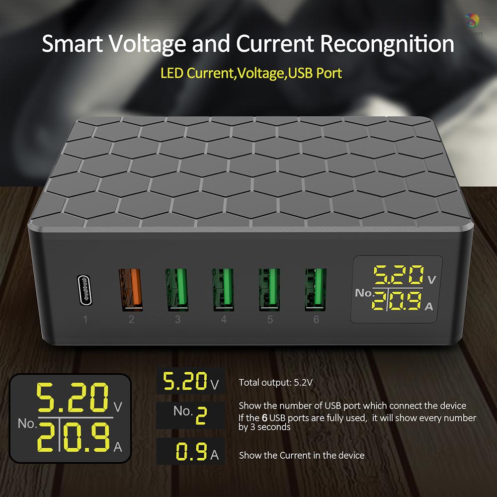 Trạm Sạc USB-A 6 Cổng 65W QC3.0 Nhiều Cổng Có Màn Hình LED Cho Các Thiết Bị Để Bàn