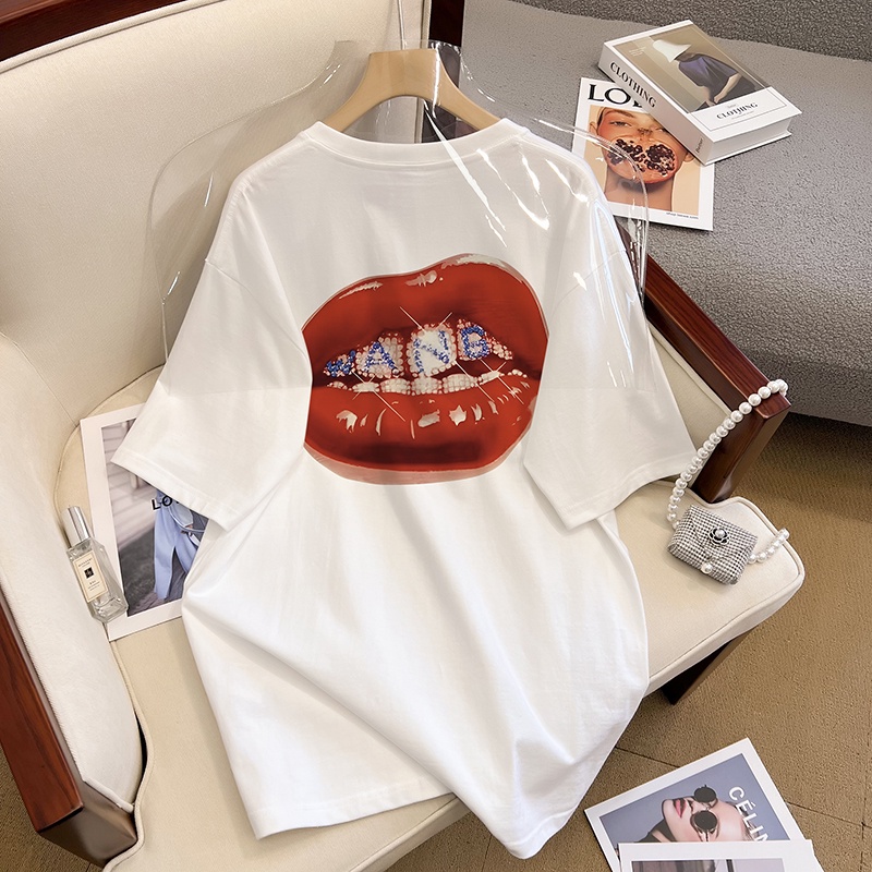 Áo thun FASHMILY 100% cotton tay ngắn cổ tròn in họa tiết thời trang mùa hè Hàn Quốc cho nữ có size lớn 2023