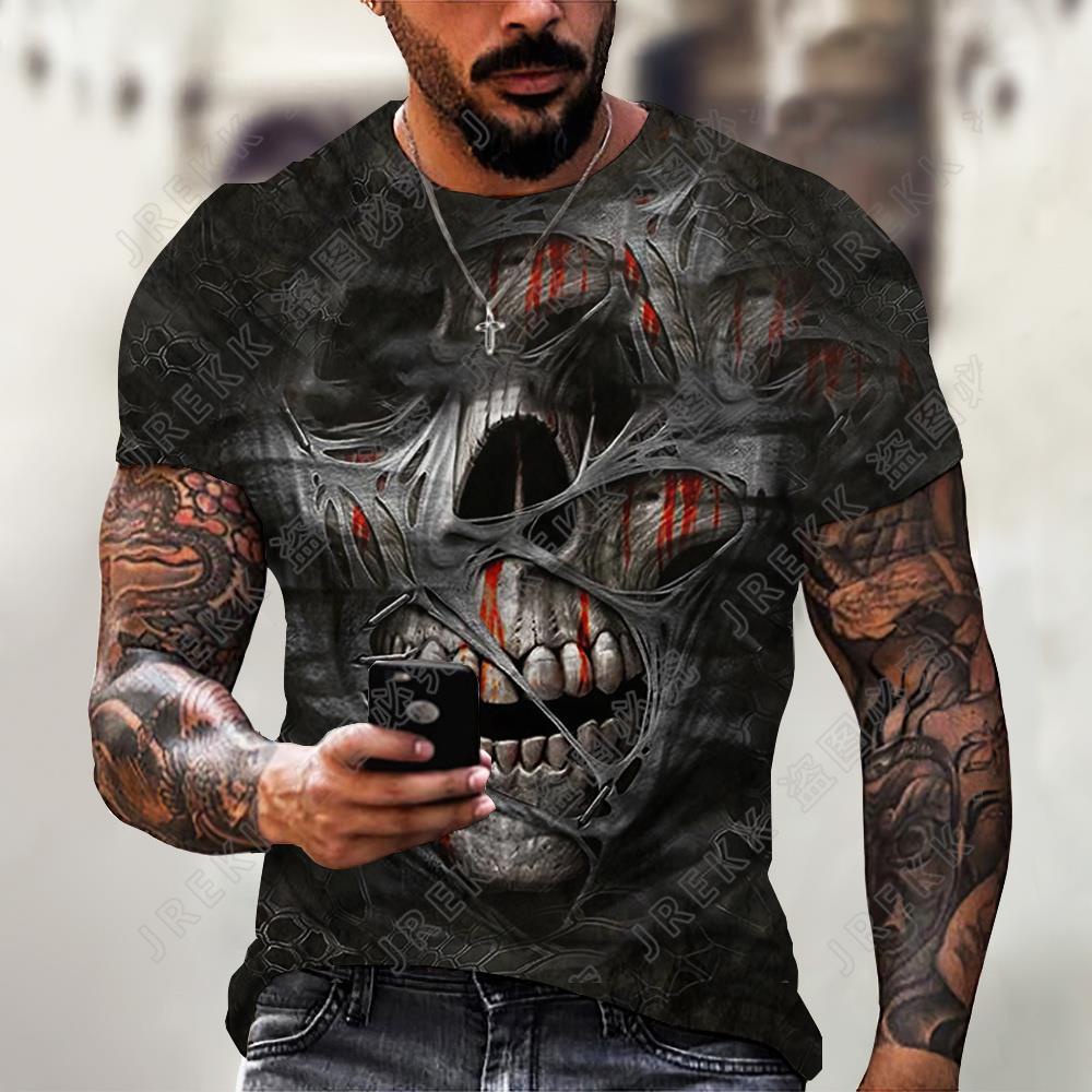 Áo Thun Nam Tay Ngắn Cổ Tròn In Hình Đầu Lâu Kinh Dị 3D Phong Cách Hip Hop Thời Trang Mùa Hè Mới