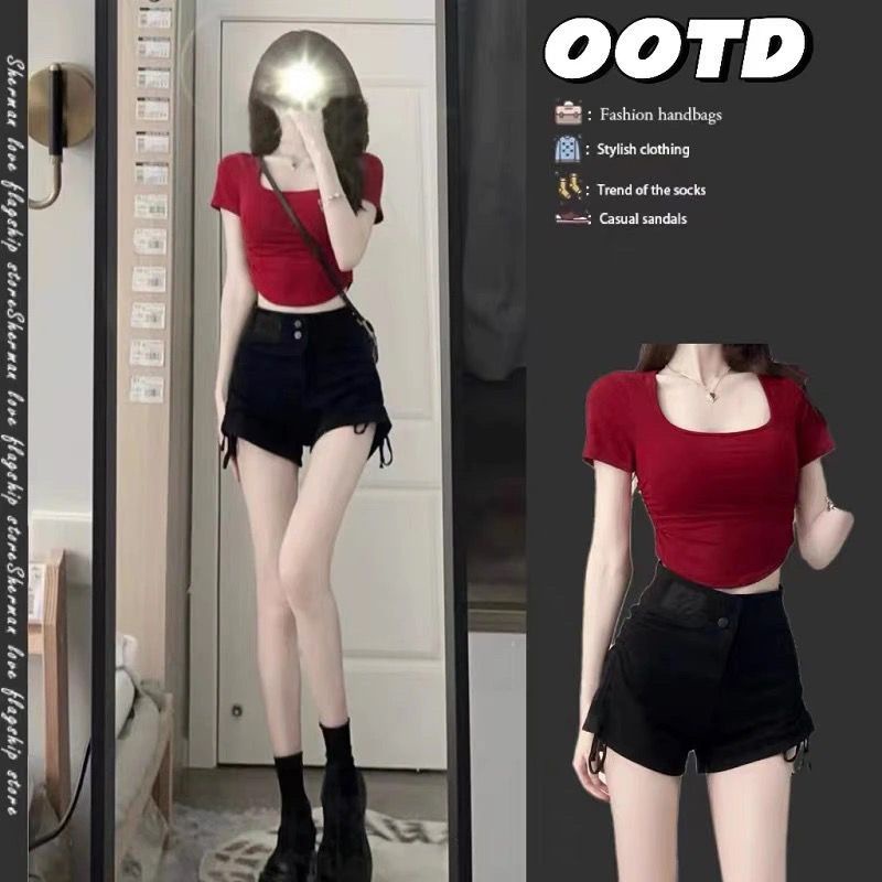 Bộ Áo Thun + Quần Short Phong Cách Thời Trang Hong Kong Chất Lượng Cao Phong Cách Đường Phố Cho Nữ