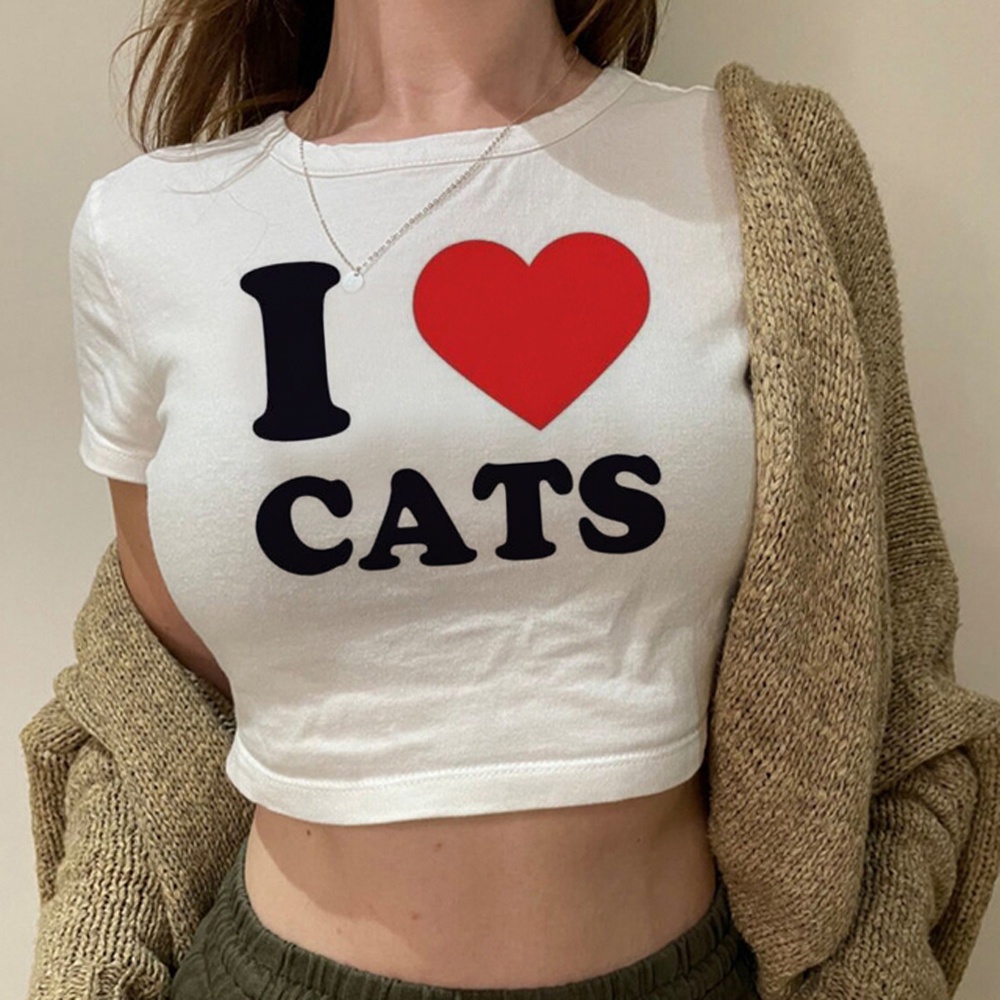 Áo Croptop In Chữ i love cats graphic y2k 90s Dễ Thương Thời Trang Cho Nữ