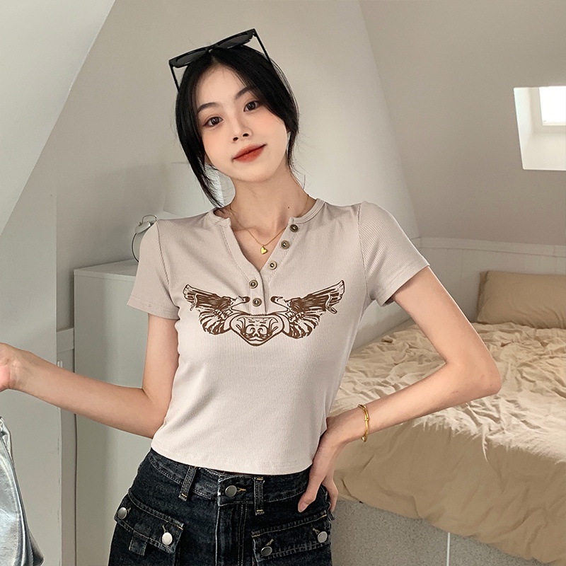 Áo Thun Ngắn Tay Cổ Chữ V In Họa Tiết Thời Trang Mùa Hè Hàn Quốc 2023