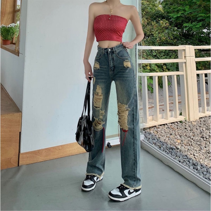 COZOKC Quần Jeans Skinny Lưng Cao Phối Rách Phong Cách Vintage