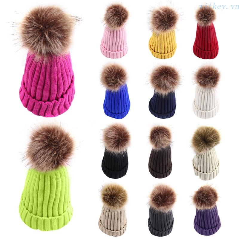 Mũ Beanie Dệt Kim Màu Trơn Đính Quả Bông Mềm Mại Thời Trang Mùa Đông Cho Nữ