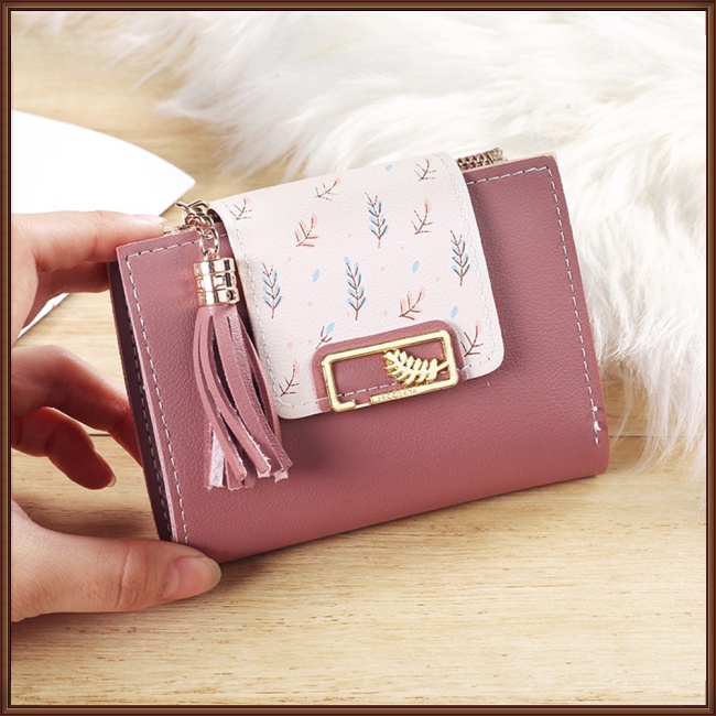 Ví Da Pu Ngắn Dạng Gập Có Mặt Dây Tua Rua Thời Trang Cho Nữ Giá Đỡ