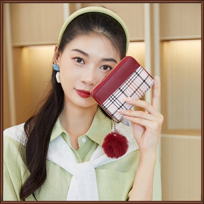 Ví Đựng Thẻ / Tiền Xu Họa Tiết Kẻ Sọc Màu Tương Phản Phối Khóa Kéo Thời Trang Cho Nữ