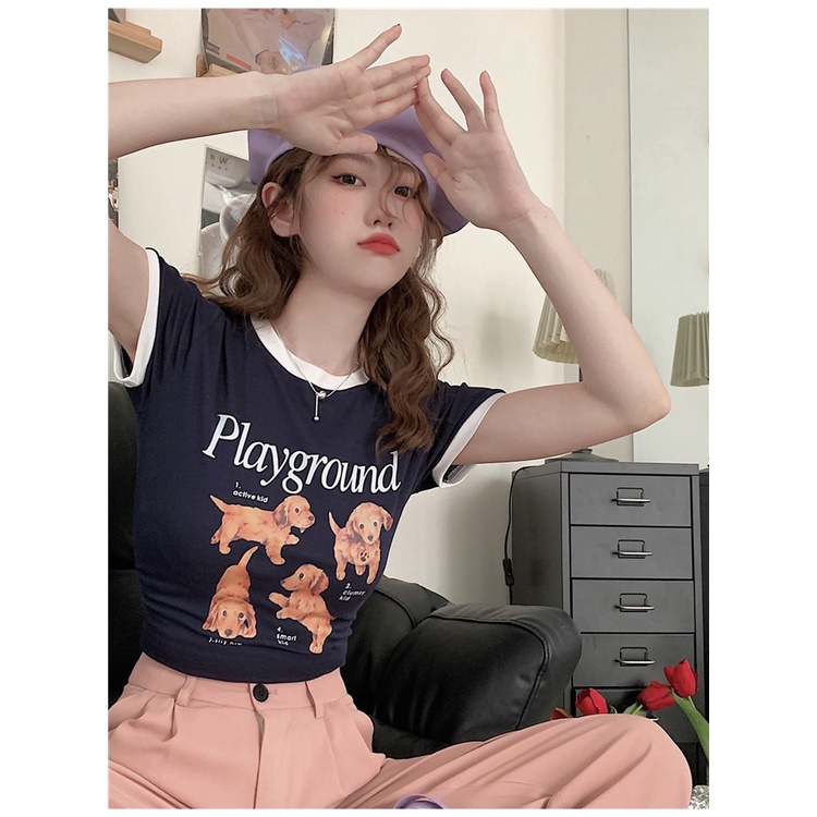 Áo Thun Ngắn Dáng Ôm In Chữ Phối Màu Tương Phản Kiểu Hàn Quốc Thời Trang Mùa Hè Cho