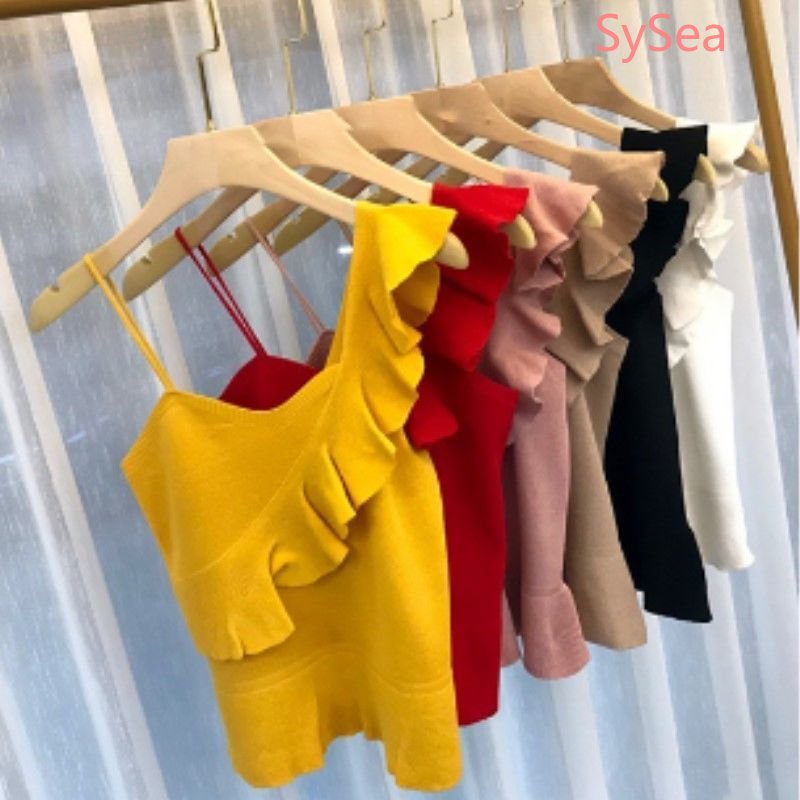 Áo Hai Dây Dệt Kim Phối Ren Nhún Bèo Thời Trang Mùa Hè Xinh Xắn Cho Nữ