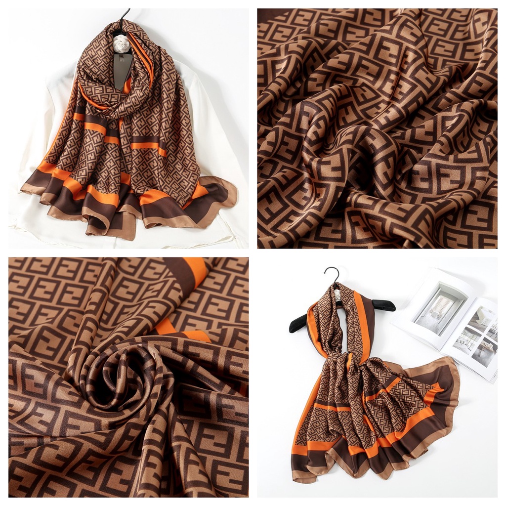 Khăn Choàng Satin Dài 180 * 90CM In Họa Tiết Kẻ Sọc Cổ Điển Thoáng Khí Trọng Lượng Nhẹ Dễ Phối Đồ Cho Nữ