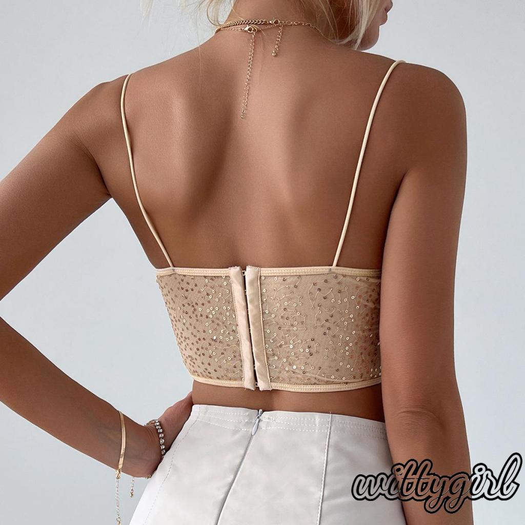 Áo Croptop Lưới Không Tay Hở Lưng Khoét Sâu Đính Kim Sa Lấp Lánh Thời Trang Mùa Hè Cho Bạn Gái