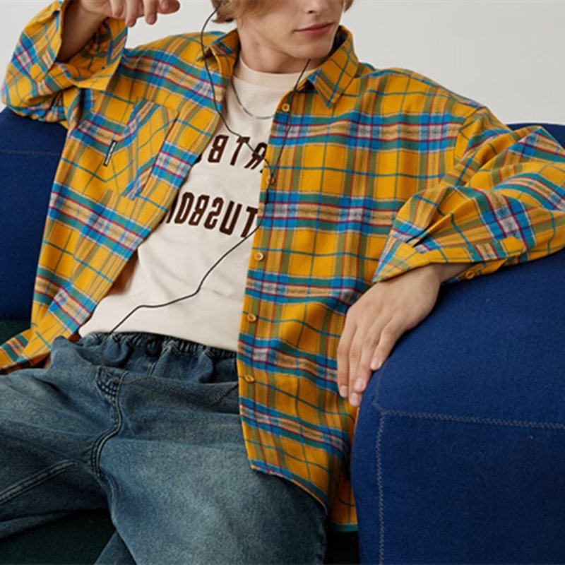 Áo Khoác Sơ Mi Caro Vàng Tay Dài Dáng Rộng Trẻ Trung Hợp Thời Trang Cho Cặp Đôi