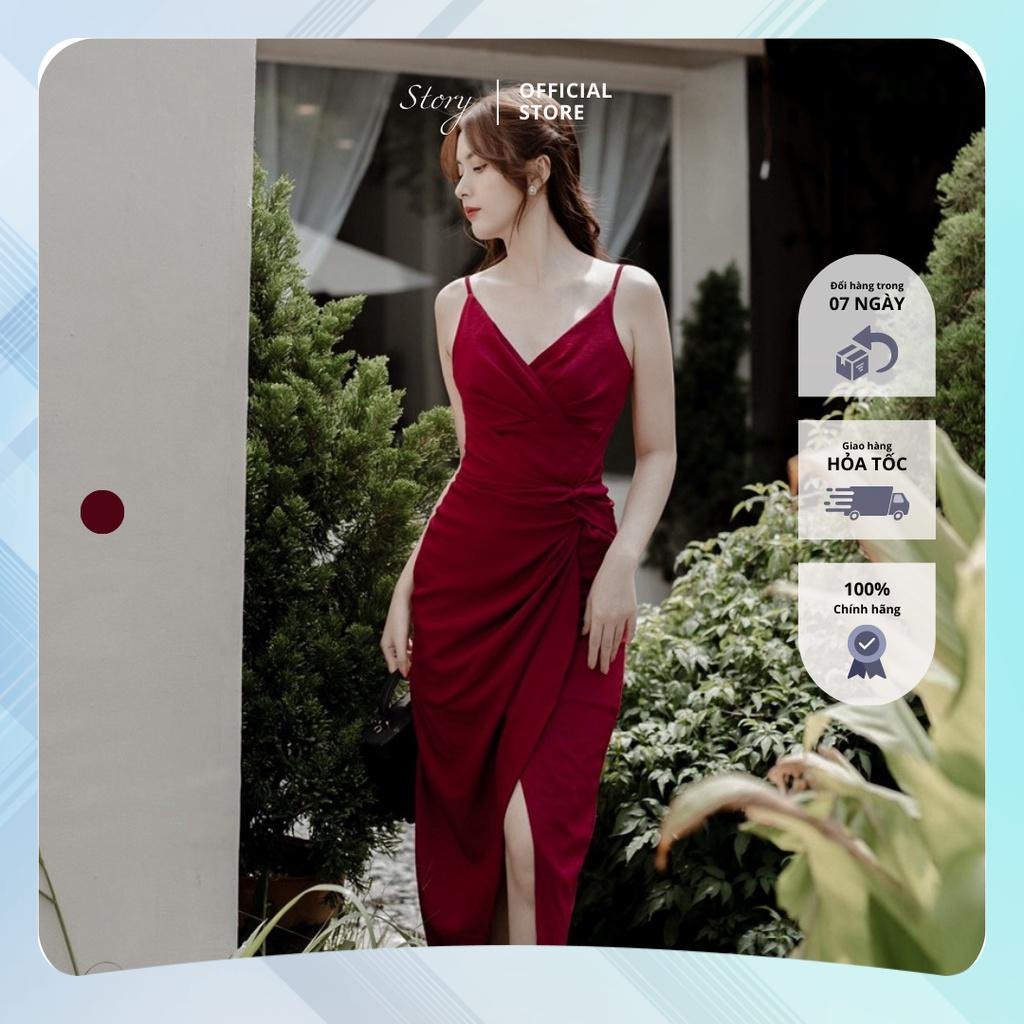 STORY Đầm Sylva váy đỏ hai dây ôm sát vạt xếp chéo xếp ly quyến rũ dự tiệc Story.clothes thời trang nữ