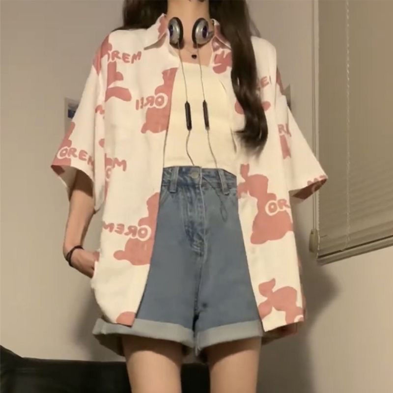 Áo Sơ Mi Tay Ngắn In Hình Thỏ Dễ Thương Cho Nữ
