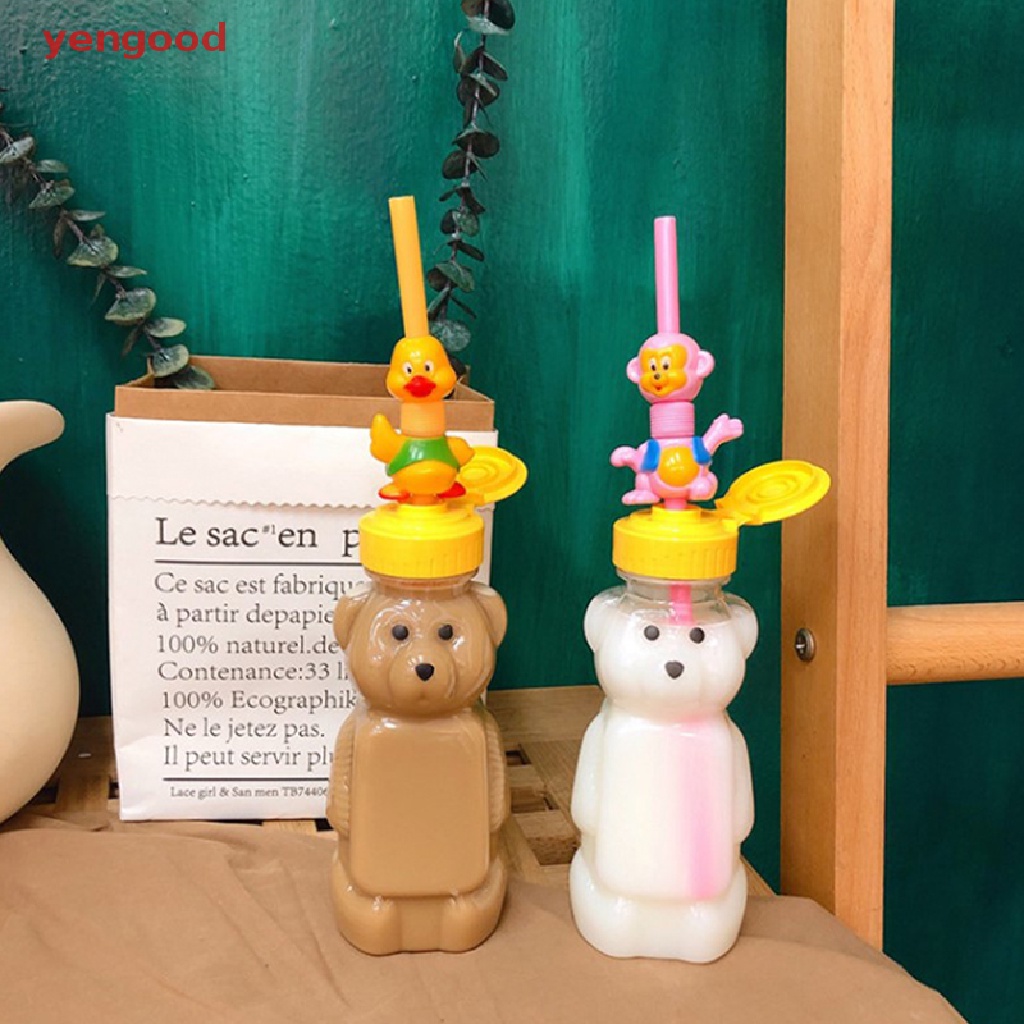 Bình Nước Nhựa Có Ống Hút Họa Tiết Gấu Hoạt Hình Dễ Thương Cho Bé