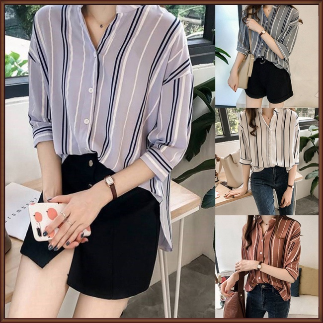 Áo Sơ Mi Tay Lửng Cổ Chữ V Dáng Rộng Họa Tiết Kẻ Sọc Thời Trang Cho Nữ