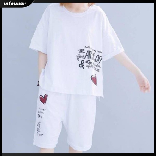 Set Đồ Mùa Hè 2 Món Gồm Áo Thun Tay Cộc In Họa Tiết + Quần Ngắn Dáng Rộng Thời Trang Cho Nữ