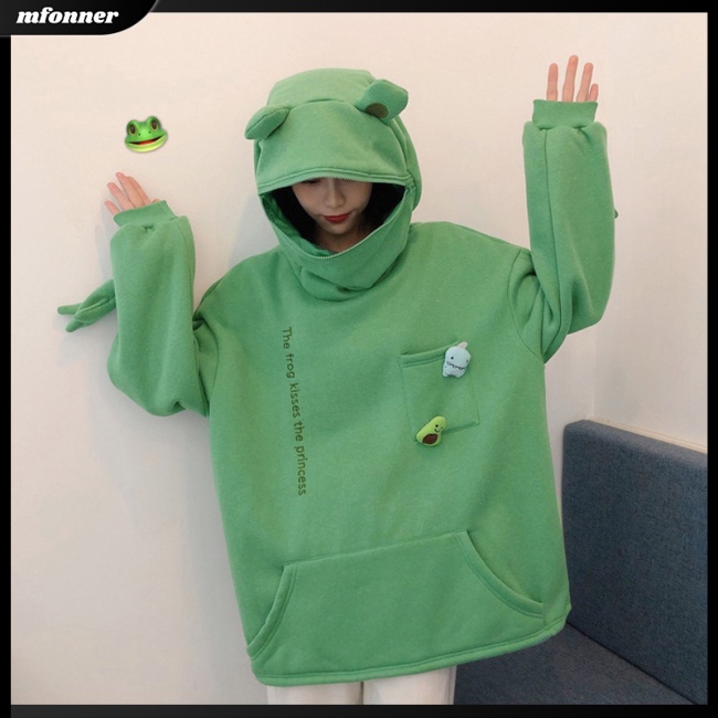 Áo Hoodie Tay Dài Dáng Rộng Cỡ Lớn In Hình Ếch Dễ Thương Cho Bạn Gái