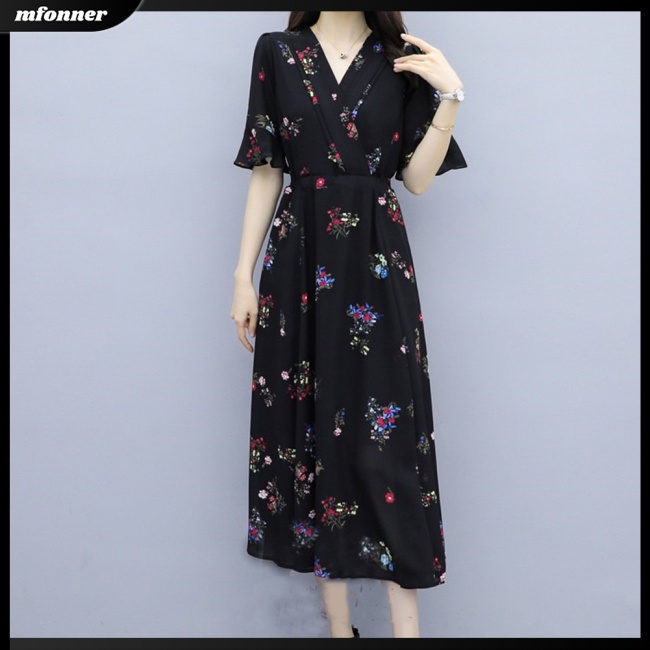 Đầm Chiffon Dài Đến Đầu Gối Tay Ngắn in Họa Tiết Hoa Thời Trang Mùa Hè Xinh Xắn Cho Nữ