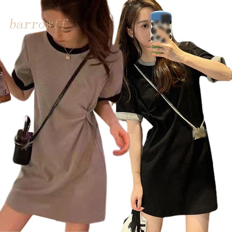 Đầm Mini Chữ A Cổ Tròn Tay Ngắn Màu Khối Xoắn Thắt Nút Ở Hông Cho Nữ