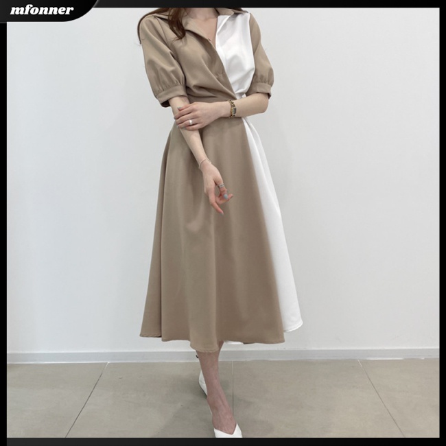 Đầm Midi Chữ A Tay Ngắn Màu Sắc Tương Phản Thời Trang Cho Nữ