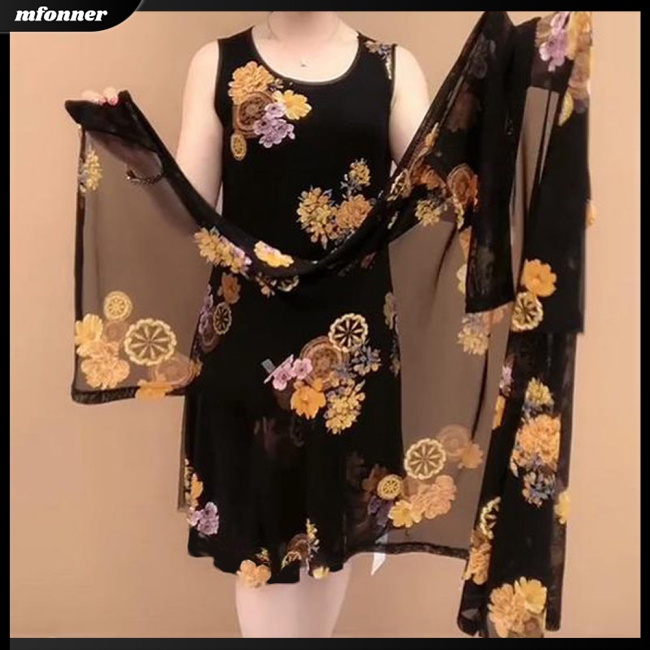 Set 2 Món Đầm Sát Nách Cổ Tròn Và Áo Khoác Cardigan Chống Nắng In Họa Tiết Hoa Thời Trang Mùa Hè Cho Nữ