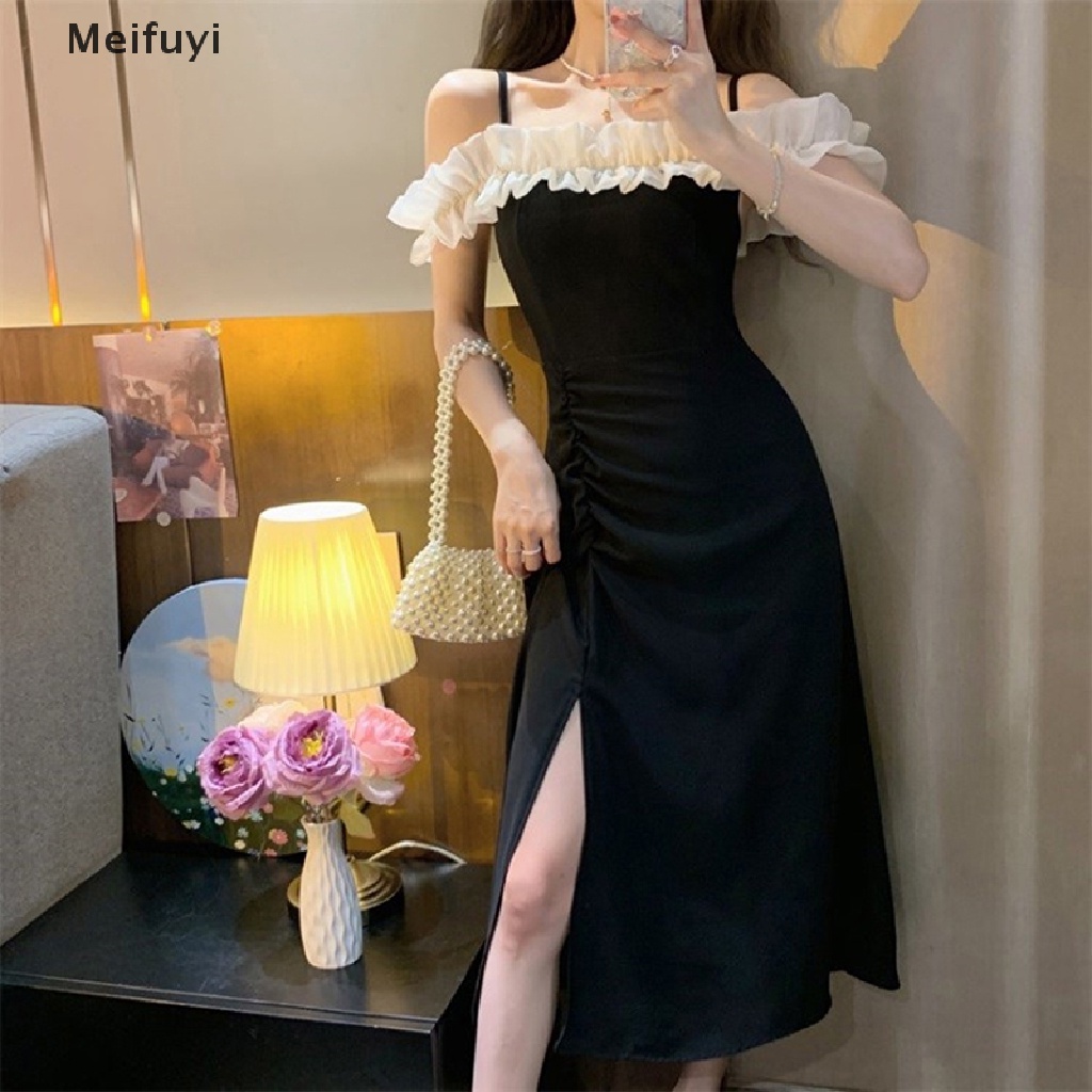 [Meifuyi] Đầm Midi Xếp Nếp Trễ Vai Phối Bèo Thanh Lịch Quyến Rũ Phong Cách Pháp Cho Nữ