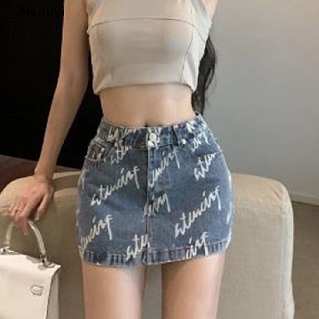 [Meifuyi] Váy Denim Ngắn In Chữ Màu Gradient Mẫu Mới 2023 Phong Cách Vintage