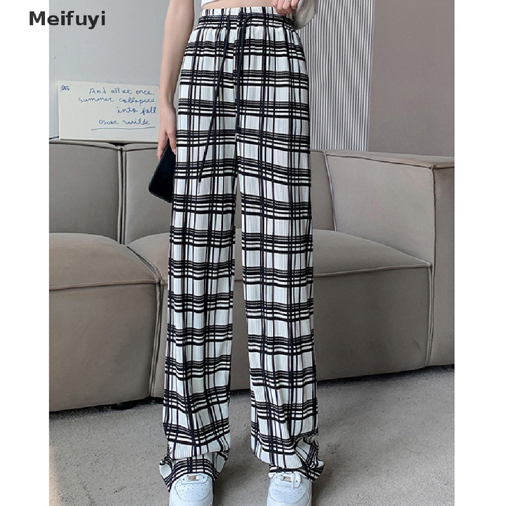 [Meifuyi] Quần Ống Rộng Lưng Cao Bằng Lụa Lạnh Mỏng Họa Tiết Kẻ Sọc Thời Trang Mùa Hè 2023
