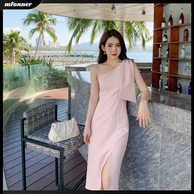 Đầm Midi Dáng Chữ A Sát Nách Hở Vai Phối Nơ Xinh Xắn