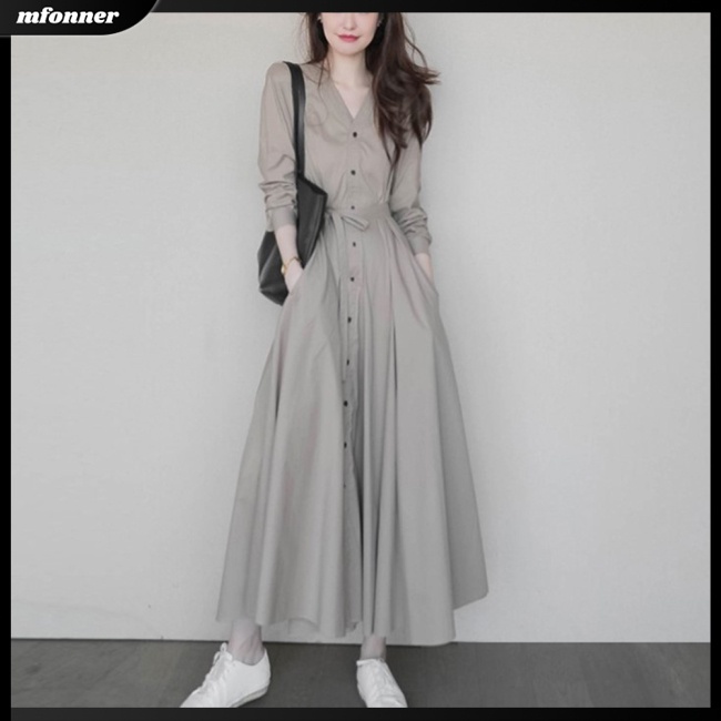 Đầm Tay Dài Cổ Chữ V Màu Sắc Thanh Lịch Dành Cho Nữ