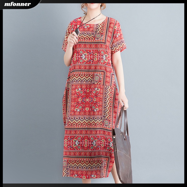 Đầm Cotton Pha Dáng Rộng Cổ Tròn Tay Ngắn In Họa Tiết Dân Tộc Cổ Điển Thời Trang Cho Nữ
