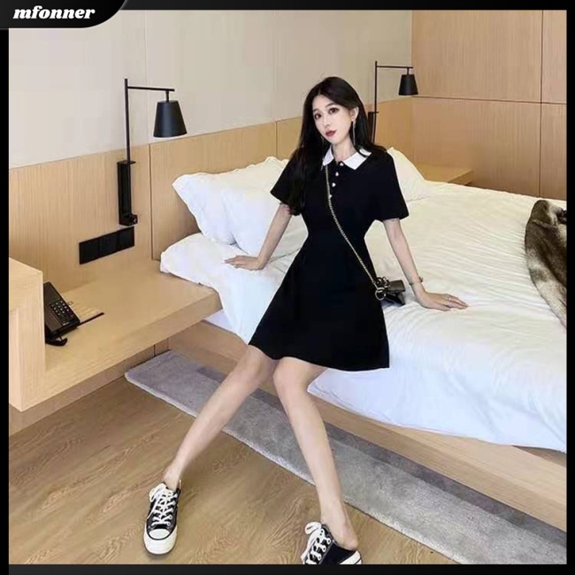 Đầm Đen Tay Ngắn Cổ Bẻ Chất Liệu Lụa Thiết Kế Chiết Eo Nữ Tính