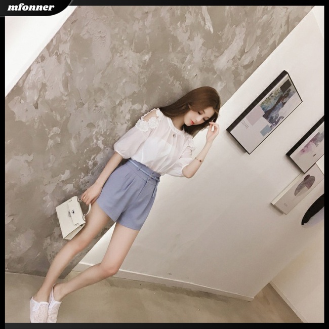 Áo Sơ Mi Chiffon Tay Ngắn Phối Ren Hoa Màu Sắc Trơn Thời Trang Xuân Hè Dành Cho Nữ