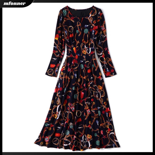 Đầm Dài Tay Cổ Tròn Họa Tiết Hoa Thời Trang Cho Nữ