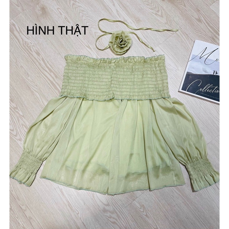 Áo voan tơ dài nhún trễ vai tay dài có tặng kèm chocker hoa như hình alohashop91