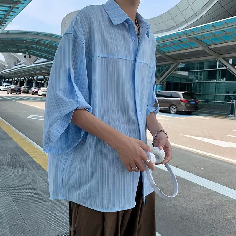 Set Áo Sơ Mi Tay Ngắn Kẻ Sọc Phối Quần Short Thời Trang Hàn Quốc Cá Tính Cho Nam