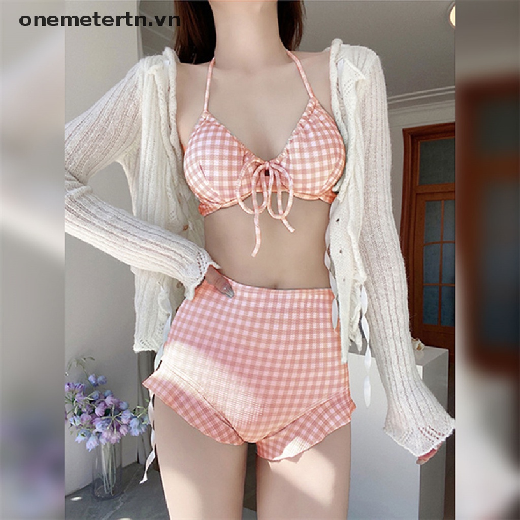 Onemetertn Bộ Đồ Bơi 2 Mảnh Lưng Cao Không Tay Họa Tiết Sọc Caro Thời Trang Mùa Hè Cho Nữ