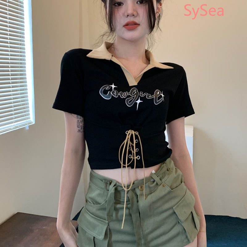 Áo Sơ Mi Cổ Bẻ Rút Dây In Họa Tiết Phong Cách Hàn Quốc Thời Trang Mùa Hè Cho Nữ