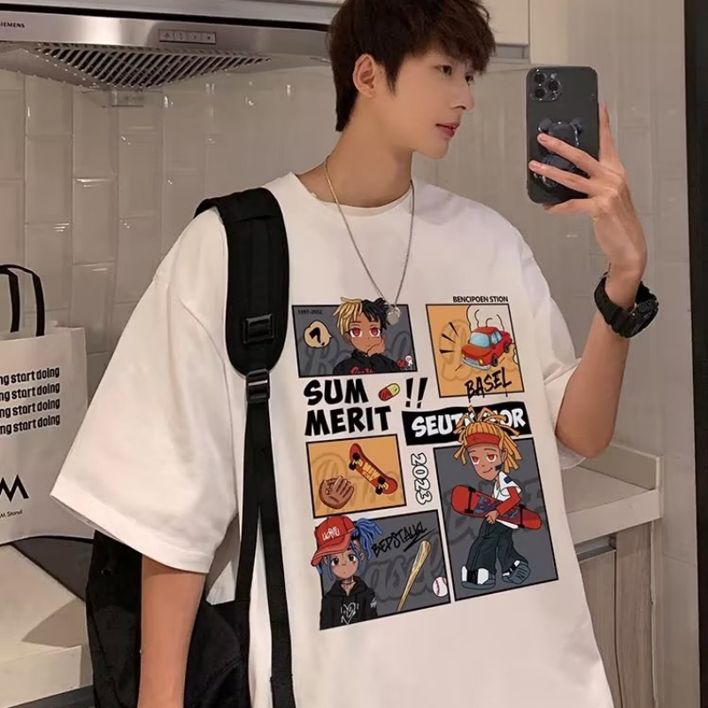 Áo Thun Nam Tay Ngắn Dáng Rộng In Chữ Phong Cách Nhật Bản Thời Trang Size M-5XL